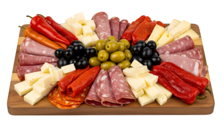 A Delectable Argentine Picada Platter with Assorted Cheeses Cured Meats and Olives on isolated transparent background