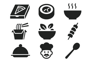 Food and restaurant themed icons featuring pizza, sushi, salad, skewers, chef, bowl and cooking spoon in solid black style.