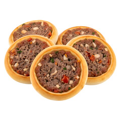 A plate of traditional Lebanese Sfiha, or Lahm bi Ajeen, open-faced meat pies on isolated transparent background, a popular savory pastry.