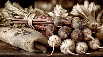 the image showcases a rustic still life of various root crops arranged on a wooden surface