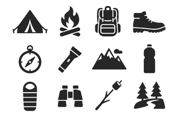 Camping and hiking icons with tent, fire, backpack, compass, boots, and nature symbols. © VectorGomes