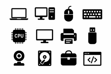 Black vector icons of computer hardware and tech devices in a simple, bold style.
