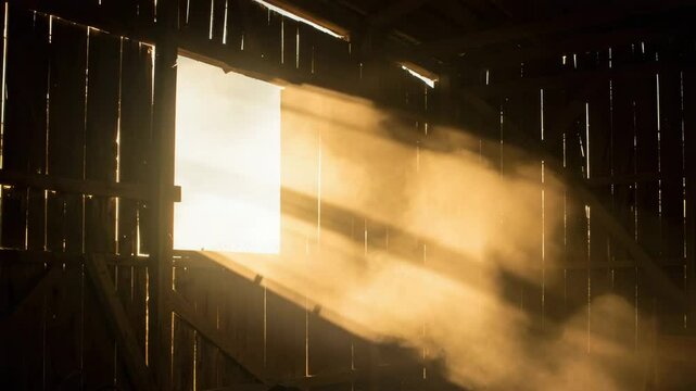 Dusty sunlight streaming through barn window illuminating particles  