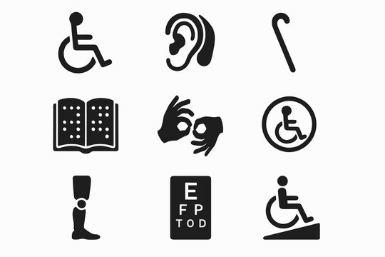 Accessibility icon set including wheelchair, cane, hearing aid, sign language, prosthetic leg, braille book, and eye test.