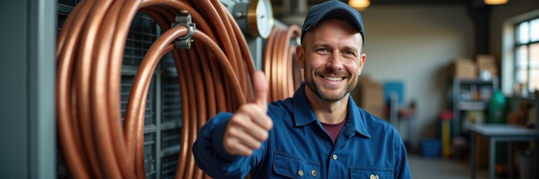 A smiling male worker in a blue outfit gives a thumbs-up in a workshop, surrounded by copper pipes and tools, showcasing enthusiasm and professionalism.