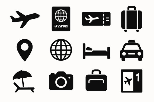 Black vector icons illustrating common travel items and services including transport, accommodation, and tourism essentials. - Powered by Adobe