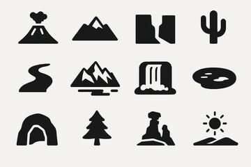 Nature icon pack in solid black with volcano, mountains, river, forest, cave, waterfall and desert elements.