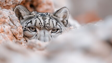 A close-up of a snow leopard peering through rocky terrain with its piercing gaze, symbolizing strength, beauty, and the enigmatic nature of wildlife in its natural habitat.