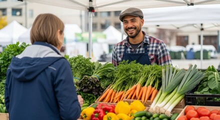 Friendly farmer selling fresh produce at a market stall