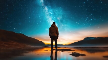 A solitary figure stands by a shimmering body of water, gazing up at a breathtaking starry sky, reflecting the awe and wonder of the vast universe.