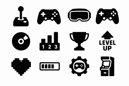 Retro game icons including joystick, controllers, gear, trophy, score chart, arcade machine, heart pixel, and progress bar. Great for game UI.