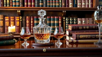 Elegant Whiskey Decanter and Glasses on Wooden Table in Classic Library with Books and Candlelight