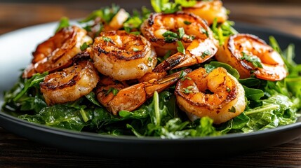Fototapeta premium A mouthwatering presentation of grilled shrimp atop a bed of fresh greens, showcasing culinary artistry and the delicious appeal of healthy eating.