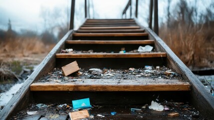 Obraz premium An image of worn wooden steps cluttered with debris and litter, capturing a stark contrast of neglect versus nature’s tranquil backdrop in an unsettling visual.
