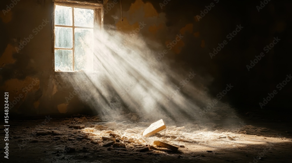 Poster soft rays of sunlight illuminate the dust particles in an abandoned room, creating a serene and almo