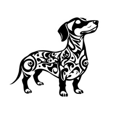 bold dachshund silhouette with tribal tattoo pattern in black and white