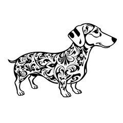 decorative dachshund silhouette with floral tribal tattoo pattern