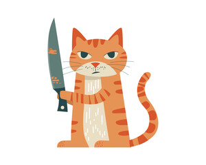 Cute Psycho Cat with Knife Art. Humorous Edgy Design. Vector design.