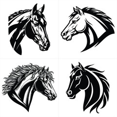Horse Head Vector Collection in Assorted Styles Featuring Engraved Stencil and Mascot Designs Black and White Stallion Graphic Set
