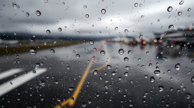 Raindrops on airplane window with blurred view of tarmac and clouds beyond