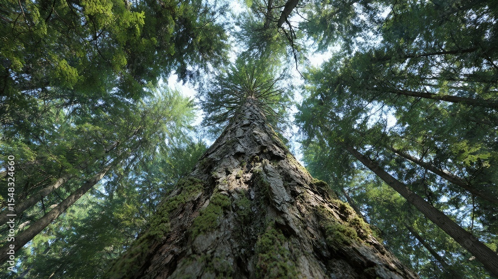 Poster towering forest tree with vertical bark grooves running the entire length of trunk