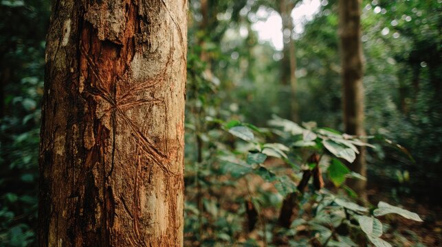 Tree trunk with scratch marks and broken bark showing signs of monkey climbing activity in dense jungle