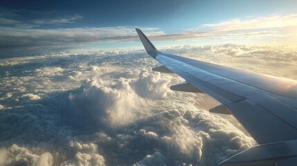 Obraz premium Vast cloud ocean below airplane wing, with golden sunlight casting shadows