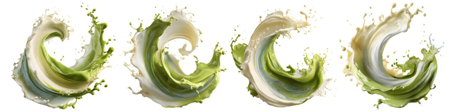 Four images of matcha latte splashes, isolated on transparent background
