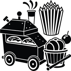 Delightful Treats A Whimsical Illustration of a Food Cart with Ice Cream, French Fries, and Burgers