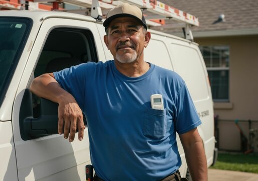 Man HVAC technician standing by service van with an AC remote control. Professional air conditioning installation and repair specialist offering relief from summer heat.