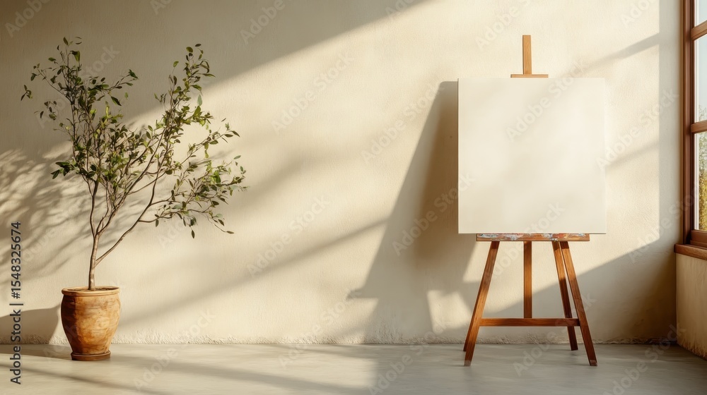 Poster an empty easel with a blank canvas in a sunlit room, showcasing the potential for artistic creation 