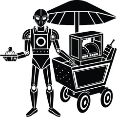 Retro Futuristic Robot Food Cart Steampunk Dessert Vendor Illustration