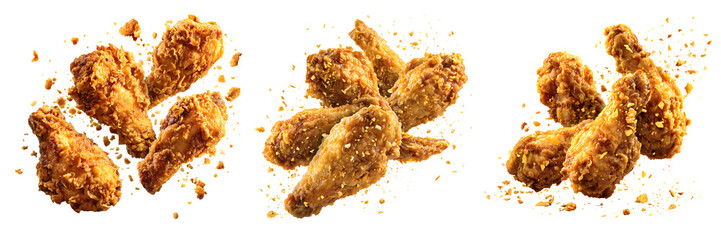 Three images of crispy fried chicken wings isolated on transparent background showing them in midair