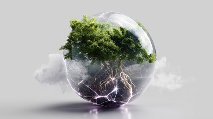 Tree Inside Glass Sphere Surrounded By Lightning