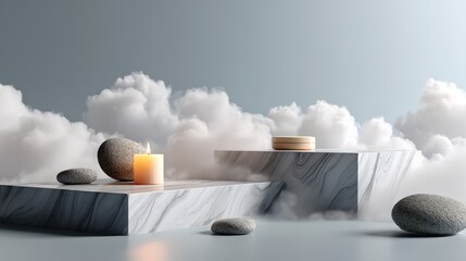 Spa Composition With Candle On Stone Platform Surrounded By Clouds