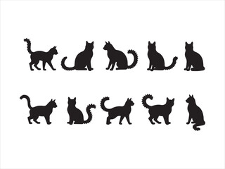 A collection of black cat silhouettes in various poses on a white background
