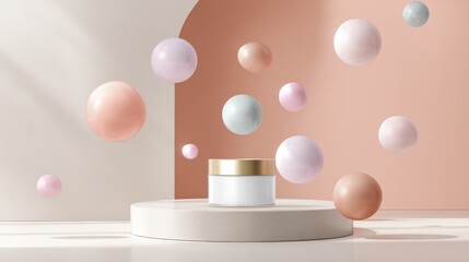 Cosmetic Jar Displayed With Floating Pastel Spheres