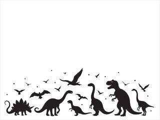 Black dinosaur silhouettes with flying birds and dots against a clean white background © Abid