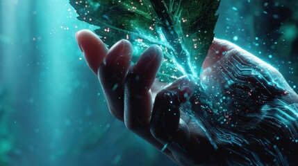 Robotic Hand Holding Glowing Leaf With Digital Energy Flow