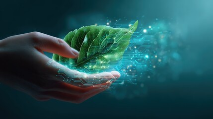 Hand Presenting Glowing Leaf with Futuristic Digital Effects