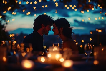 A romantic candlelit dinner on a rooftop under the stars couple gazing into each other's eyes soft ambient lighting
