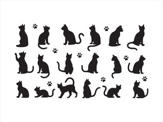 Black cat silhouettes with paw prints collection isolated on white background for design projects