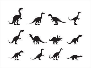 Collection of black dinosaur silhouettes on white background suitable for various design projects