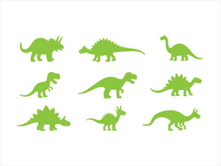 Collection of green dinosaur silhouettes on white background for creative designs and projects