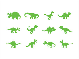 Collection of green dinosaur silhouettes featuring various prehistoric creatures on white background