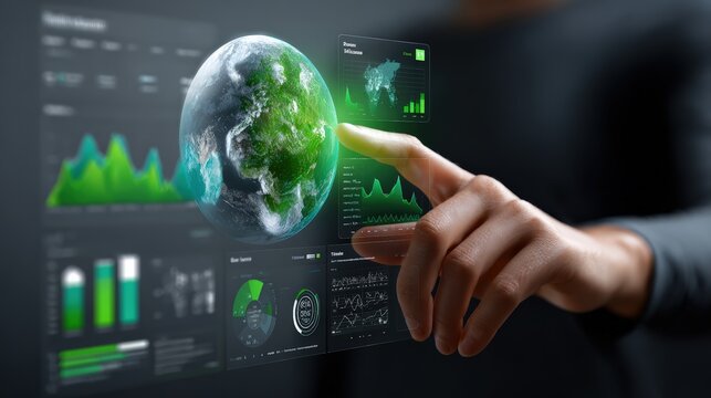 Finger Touching Green Digital Earth Interface With Eco Data Panels