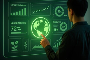 Person Using Interactive Screen With Earth and Sustainability Statistics