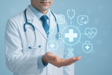 Doctor Holding Digital Health Icon with Medical Technology Overlay