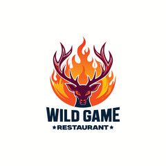 Wild game restaurant logo design with deer antlers and flames, hunting theme emblem, rustic outdoor grill, barbecue fire icon, wildlife cuisine branding vector illustration.