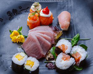 Assorted Japanese Cuisine – Shimeji, Temaki, Salmon, Hot Rolls, and More